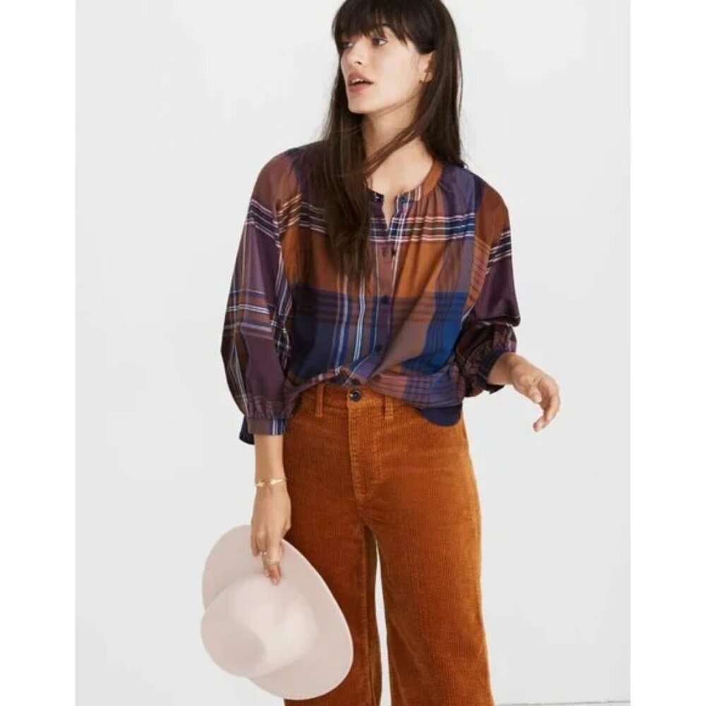 Madewell Plaid 3/4 Sleeve Button Down Peasant Blouse